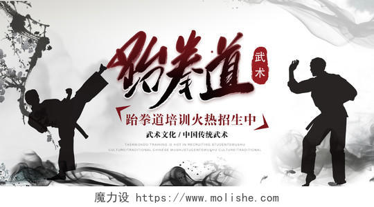 中国风跆拳道培训班火热招生宣传展板设计
